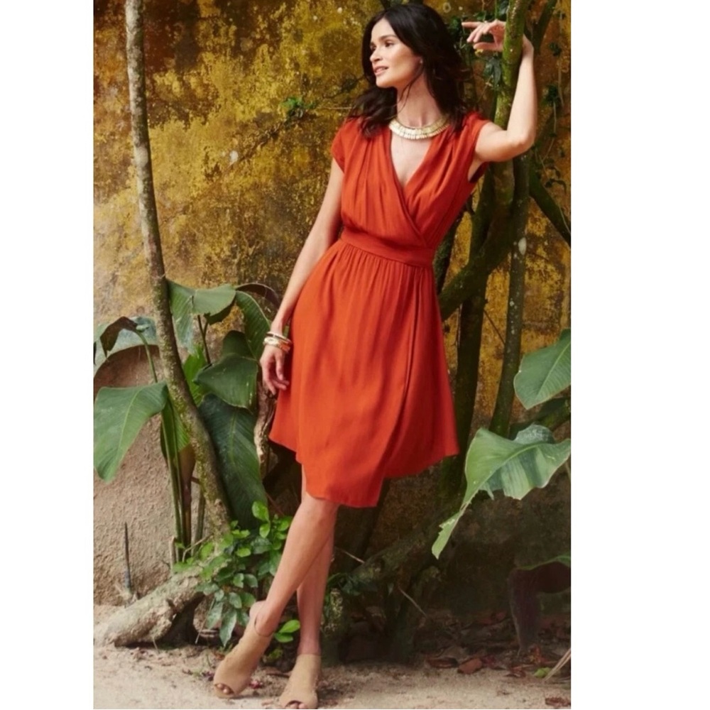 Anthropology Maeve Noronha Faux Wrap Belted Rustic Rust Orange Dress size s